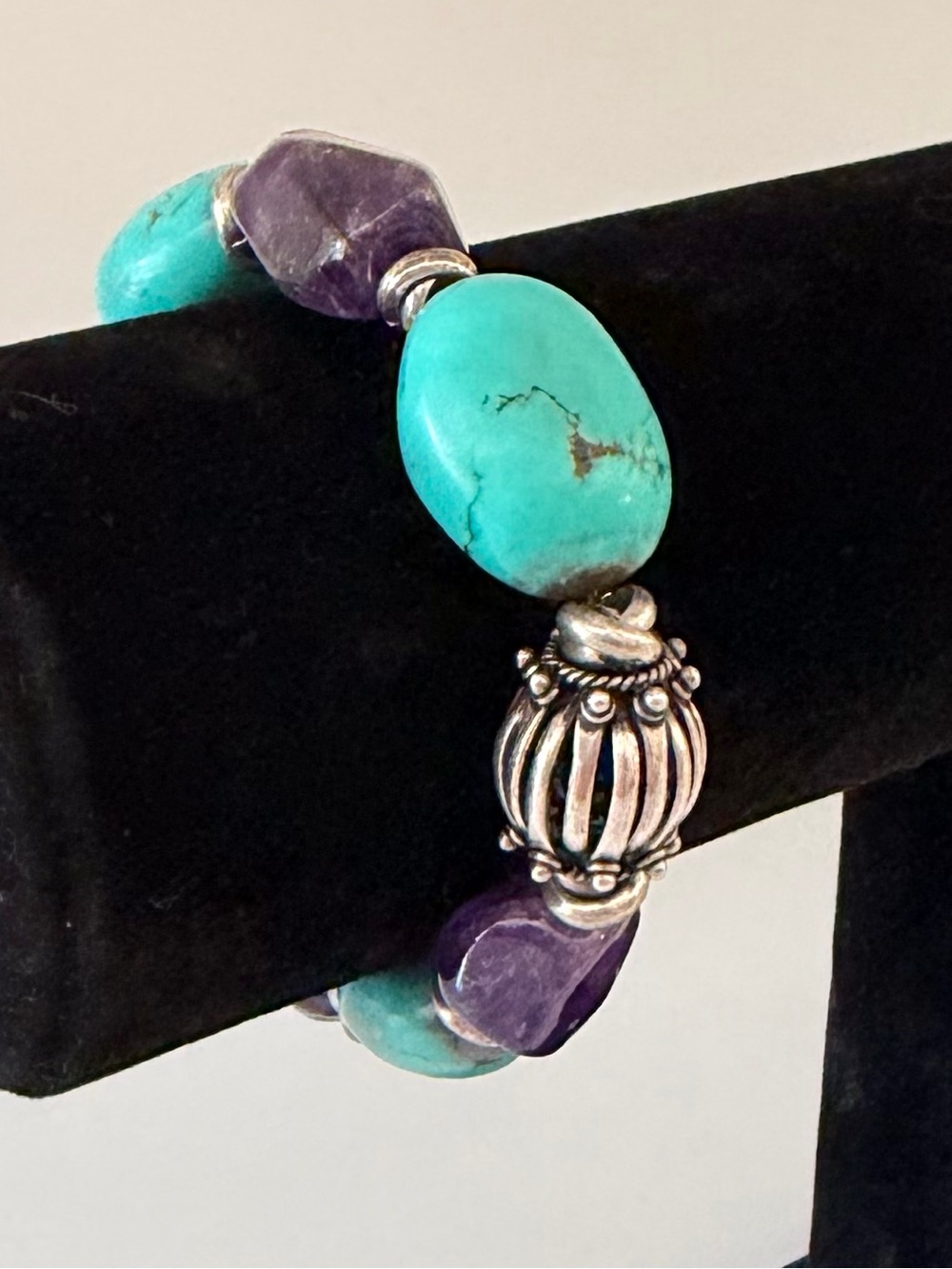 Vintage Turquoise & Amethyst Beaded Stretch Bracelet - Silver Accent